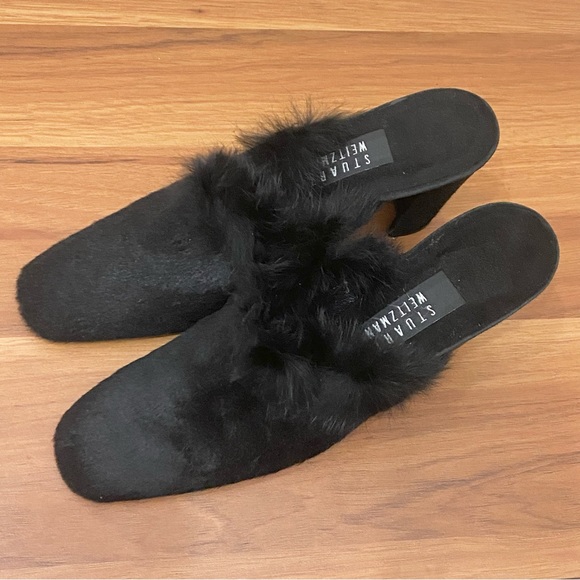 STUART WEITZMAN 5W 47312 Black Calf Hair Fur Slip On Heeled Mules Size 8.5 - Picture 4 of 16